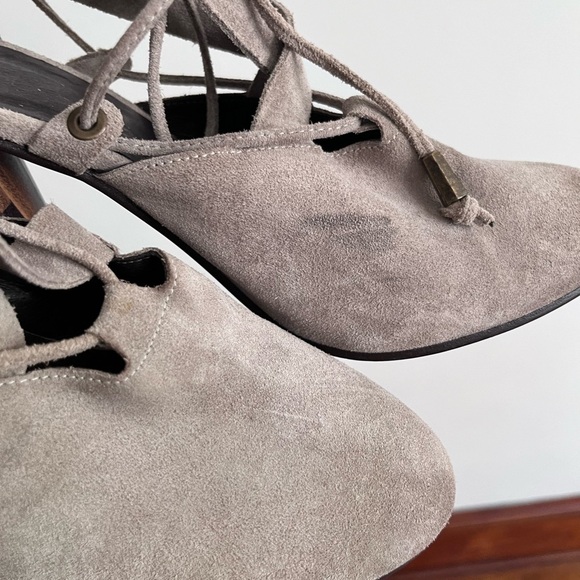 FREE PEOPLE SUEDE NOUVELLA WRAP HEELS IN Taupe - Picture 12 of 13